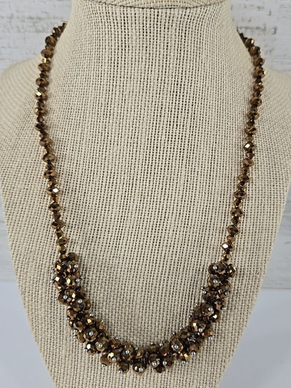 Bronze Color Glass Crystal Bead Cluster Necklace Sparkly Statement Jewelry 20in.
